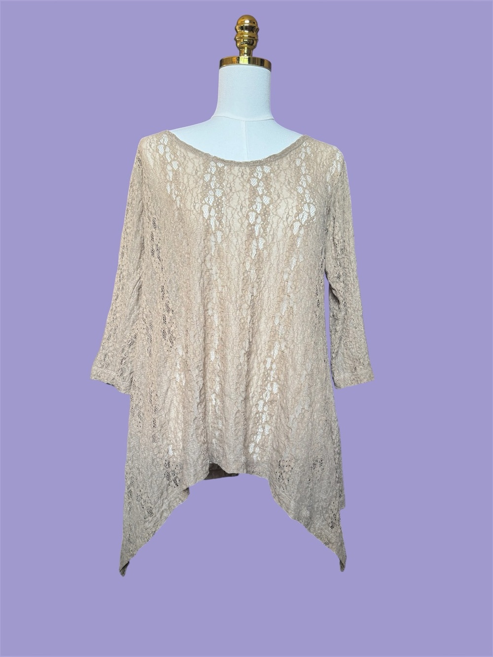 Vintage Tan Lace Asymmetrical Hem Y2K 90s Fairycore Cottagecore Coquette Top Sm